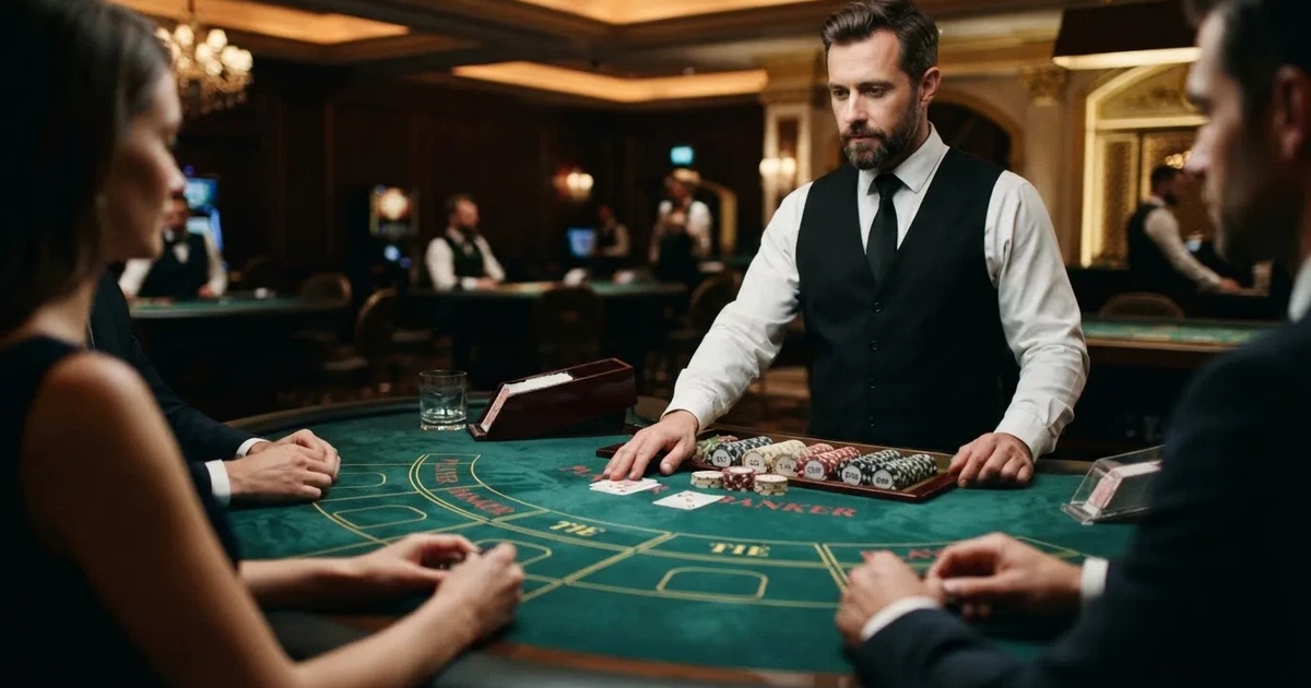 Elegantan stol za baccarat u casinu, zeleno sukno, špil karata, žetoni i djelitelj u prsluku, prigušena rasvjeta.