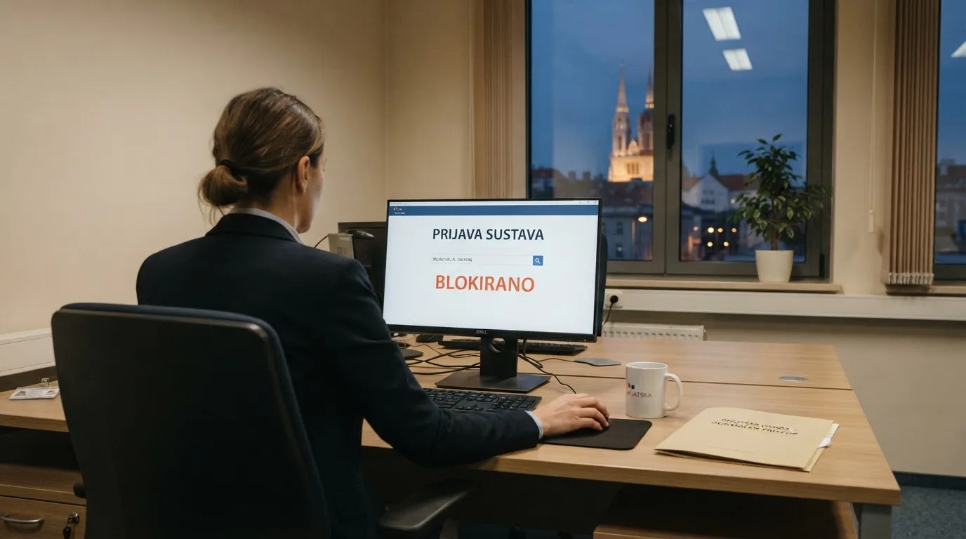 Službenik u uredu porezne uprave za stolom s računalom, prozor s pogledom na grad, urednost i tišina.
