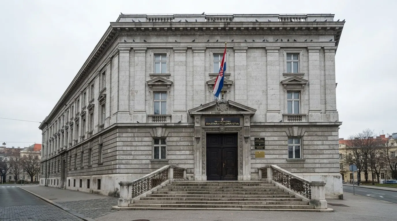 Pročelje zagrebačke ministarske zgrade od sivog kamena s visokim vratima i zastavom, oblačno nebo iznad.