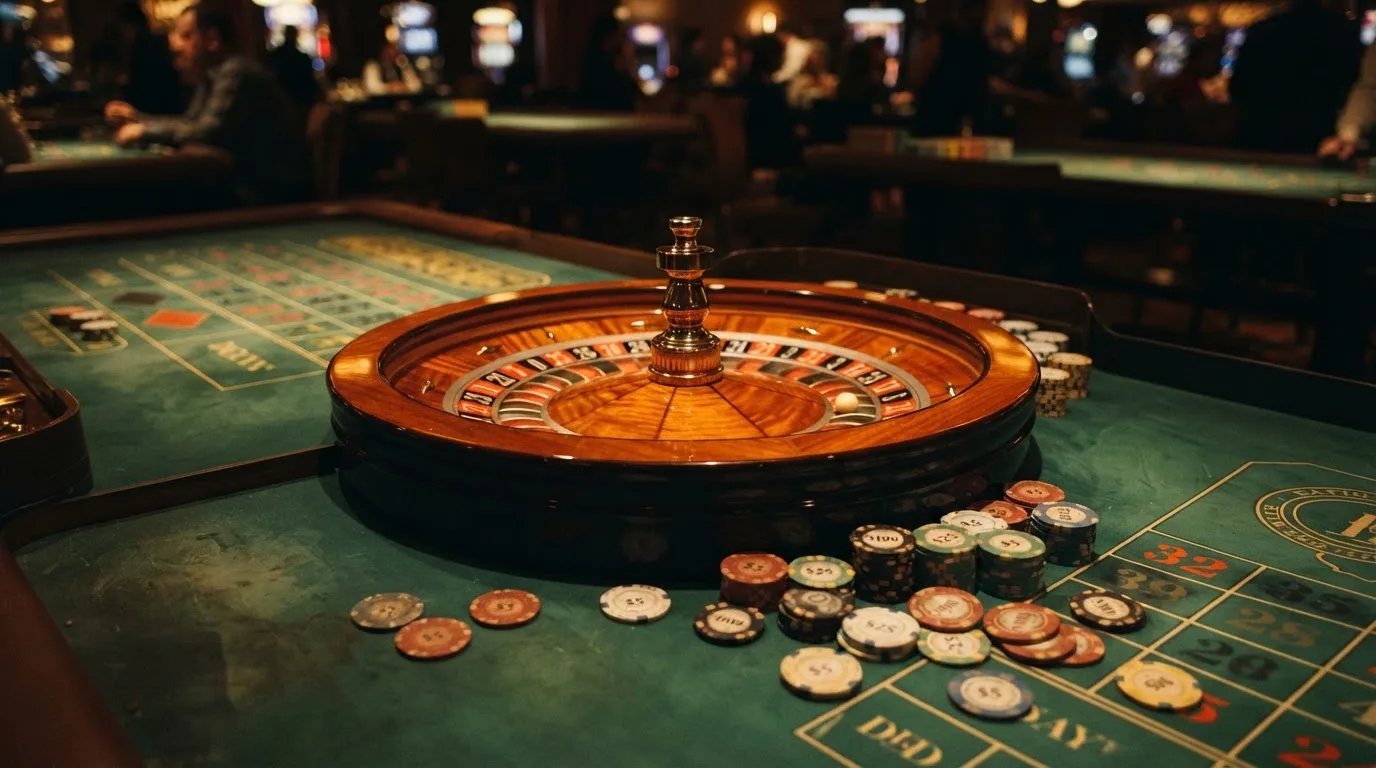 Kotač ruleta i žetoni na zelenom suknu pod toplim večernjim svjetlom — besplatni casina u hrvatskoj