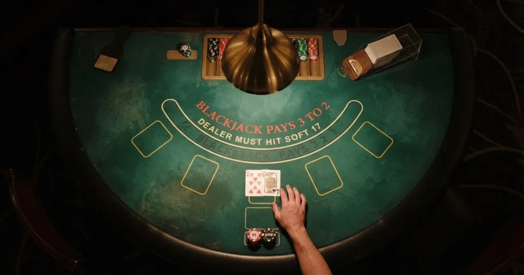 Osvijetljen stol za igru s kartama, snimljen odozgo — blackjack casina u hrvatskoj