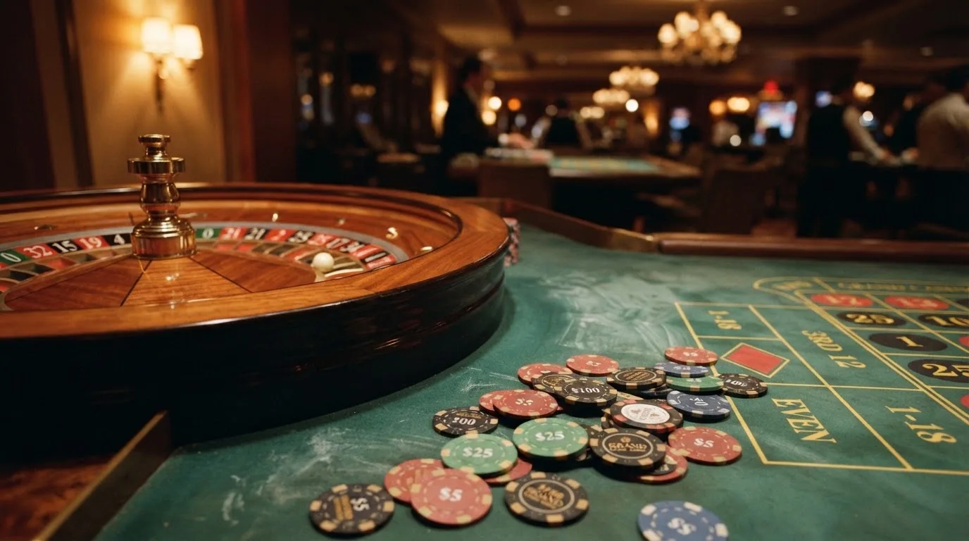 Kotač ruleta i žetoni na zelenom suknu pod toplim večernjim svjetlom — blackjack casina u hrvatskoj