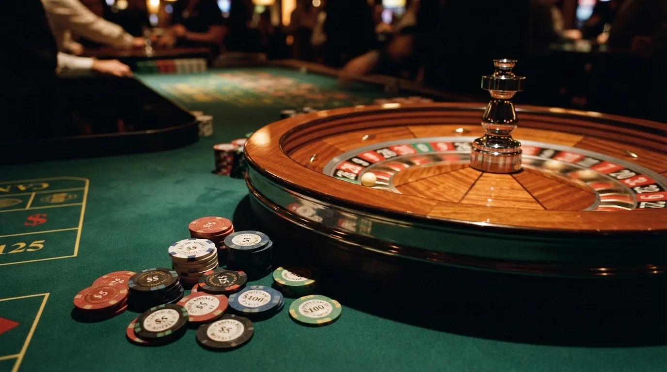 Kotač ruleta i žetoni na zelenom suknu pod toplim večernjim svjetlom — casina za android u hrvatskoj