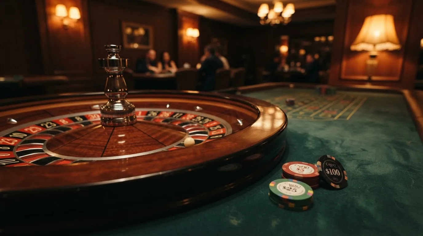 Kotač ruleta i žetoni na zelenom suknu pod toplim večernjim svjetlom — casina za iphone u hrvatskoj
