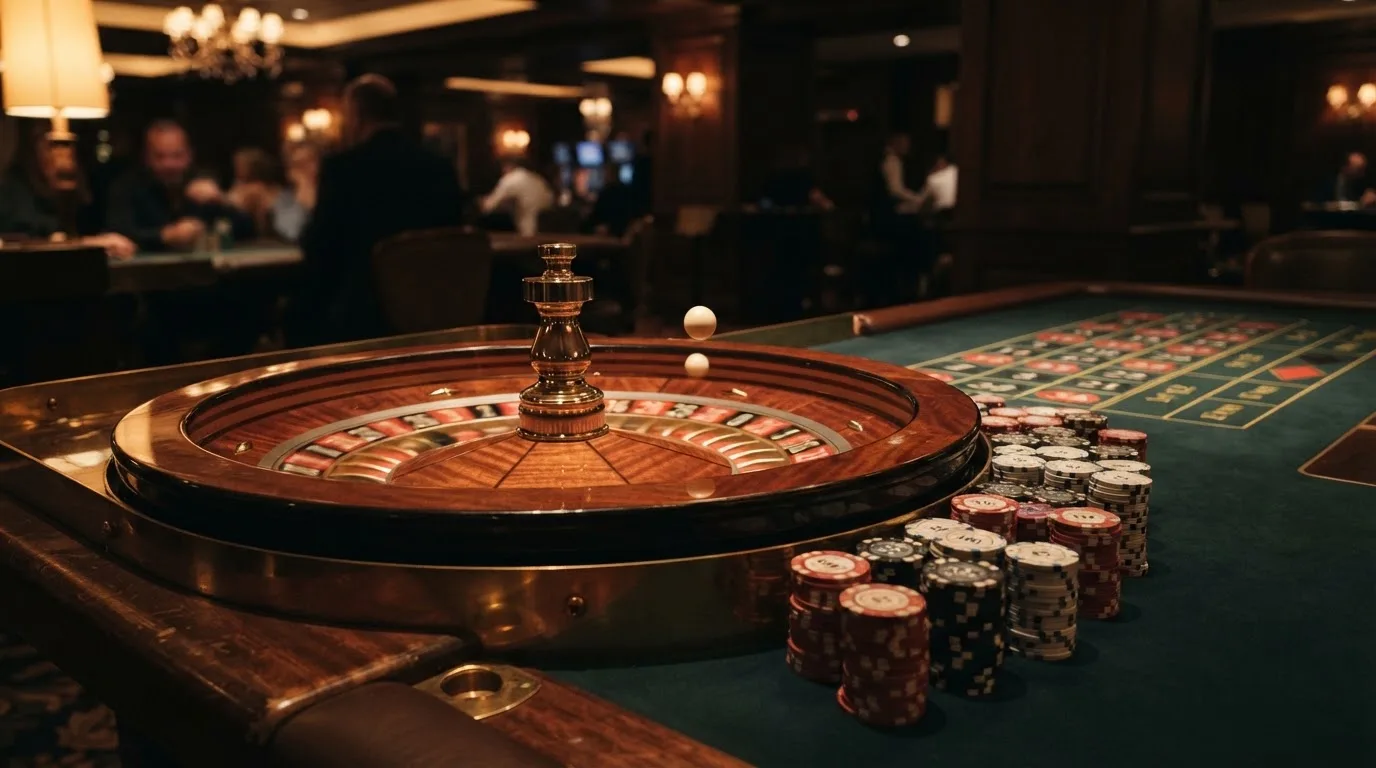 Kotač ruleta i žetoni na zelenom suknu pod toplim večernjim svjetlom — casino aparati u hrvatskoj