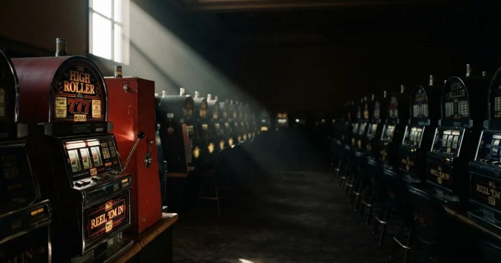 Red automata s ugašenim zaslonima u tamnoj dvorani, kroz prozor pada jedna zraka dnevnog svjetla.