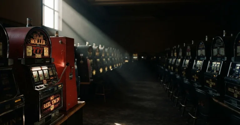 Red automata s ugašenim zaslonima u tamnoj dvorani, kroz prozor pada jedna zraka dnevnog svjetla.