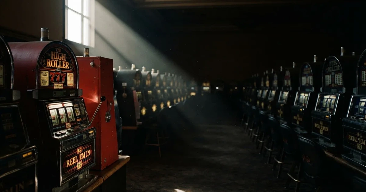 Red automata s ugašenim zaslonima u tamnoj dvorani, kroz prozor pada jedna zraka dnevnog svjetla.