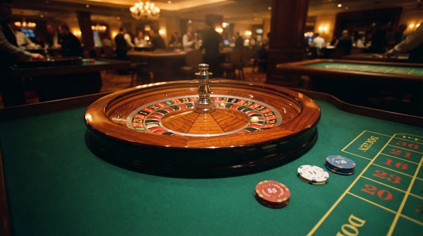 Kotač ruleta i žetoni na zelenom suknu pod toplim večernjim svjetlom — casino bez registracije u hrvatskoj