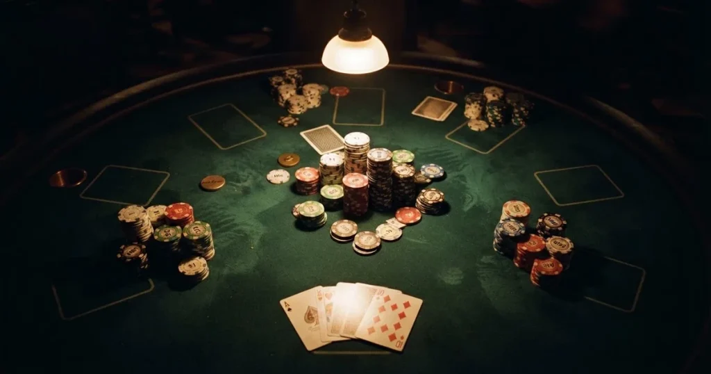 Osvijetljen stol za igru s kartama, snimljen odozgo — casino igre u hrvatskoj