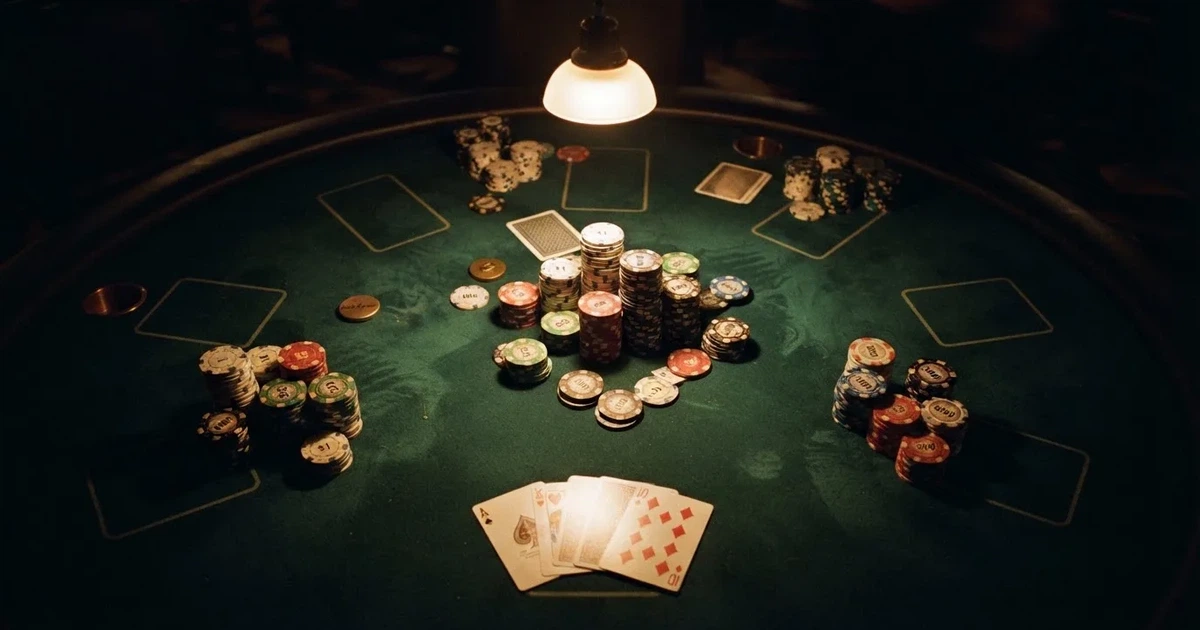Osvijetljen stol za igru s kartama, snimljen odozgo — casino igre u hrvatskoj