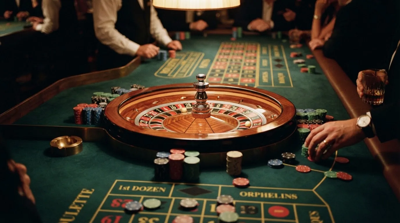Kotač ruleta i žetoni na zelenom suknu pod toplim večernjim svjetlom — casino igre u hrvatskoj