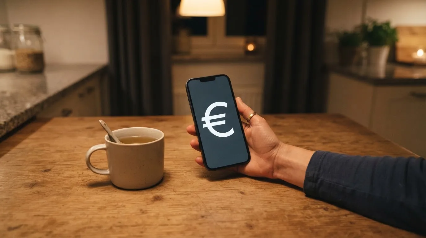 Ruka drži mobitel pokraj šalice čaja na kuhinjskom stolu u mirnu večer — casino lutrija u hrvatskoj