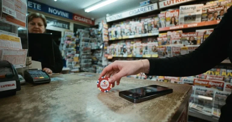 Osoba na prodajnom mjestu kioska predaje novčanicu blagajnici, na pultu pametni telefon, police s časopisima u pozadini.