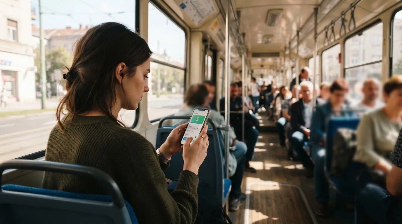 Žena u zagrebačkom tramvaju drži pametni telefon, putnici u pozadini zamućeni, dnevno svjetlo kroz prozore.