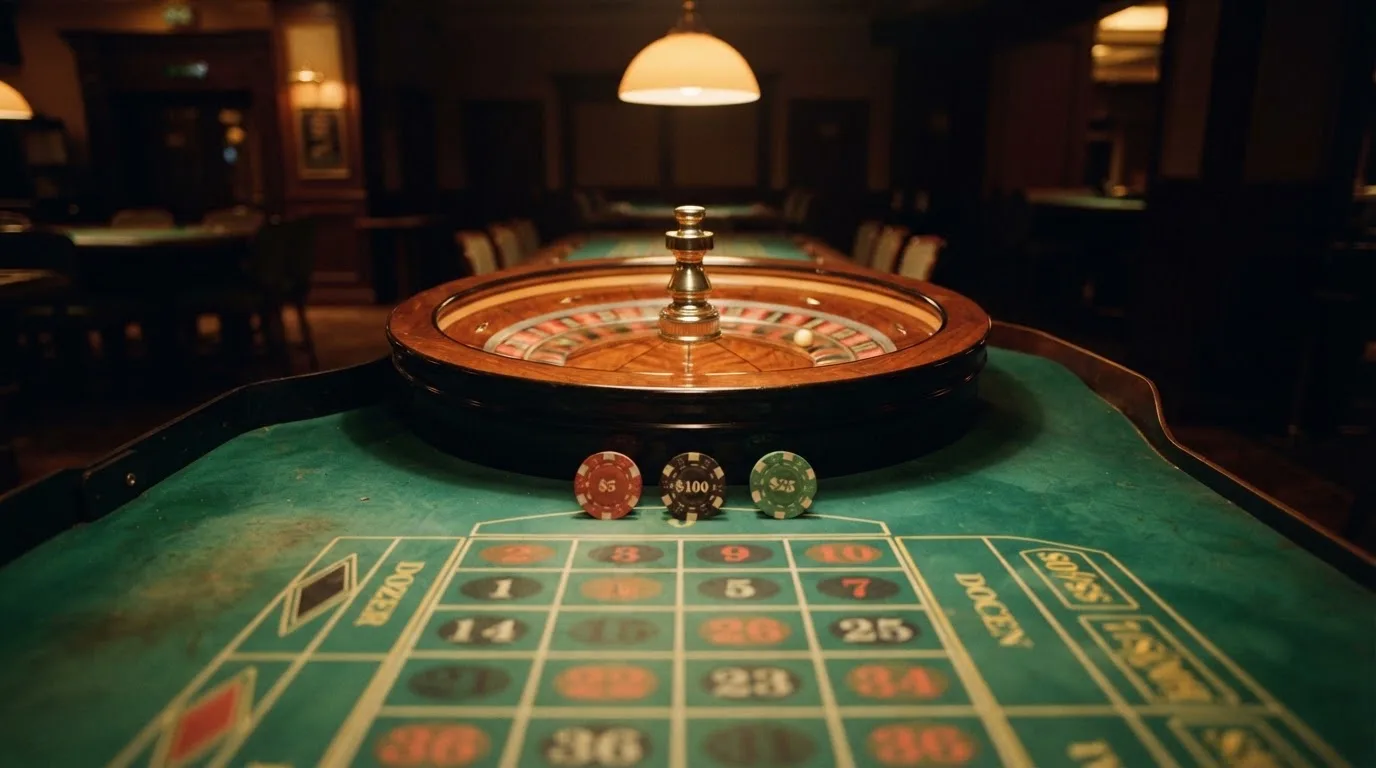 Kotač ruleta i žetoni na zelenom suknu pod toplim večernjim svjetlom — casino s apple pay u hrvatskoj