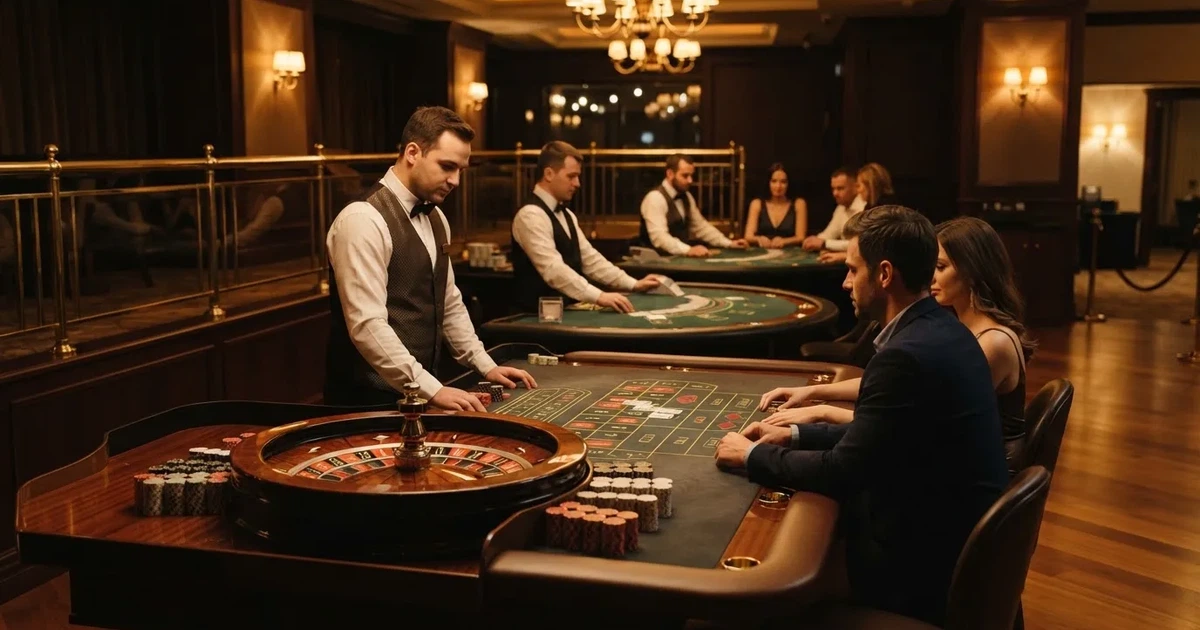 Tri različita stola za igru jedan uz drugi u mirnoj, toplo osvijetljenoj dvorani — casino stranice u hrvatskoj