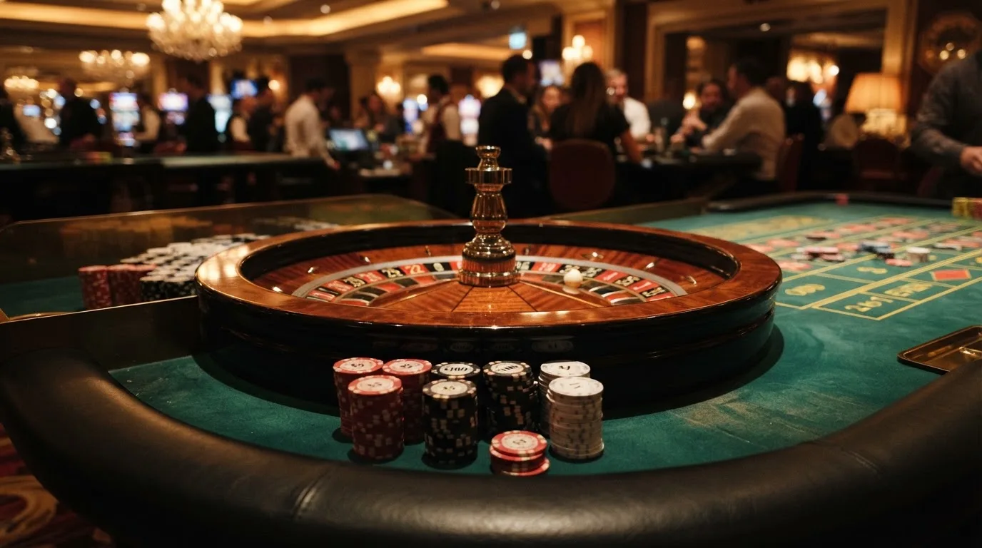 Kotač ruleta i žetoni na zelenom suknu pod toplim večernjim svjetlom — casino stranice u hrvatskoj