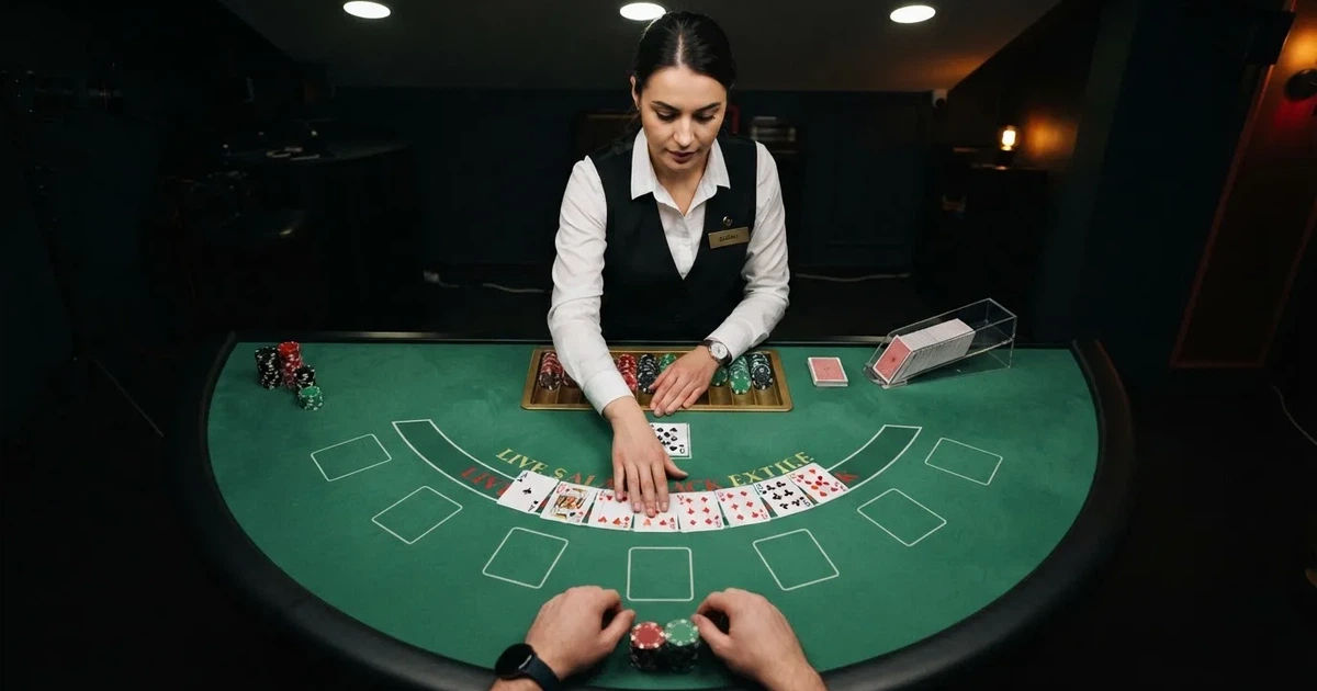 Krupijerka u crnom prsluku dijeli karte blackjacka u studiju, snimljeno kamerom s visine, meko plavo svjetlo.