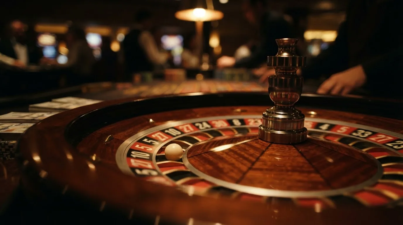 Krupni plan kotača ruleta koji se vrti dok loptica usporava, plitka dubina polja, topli tonovi.