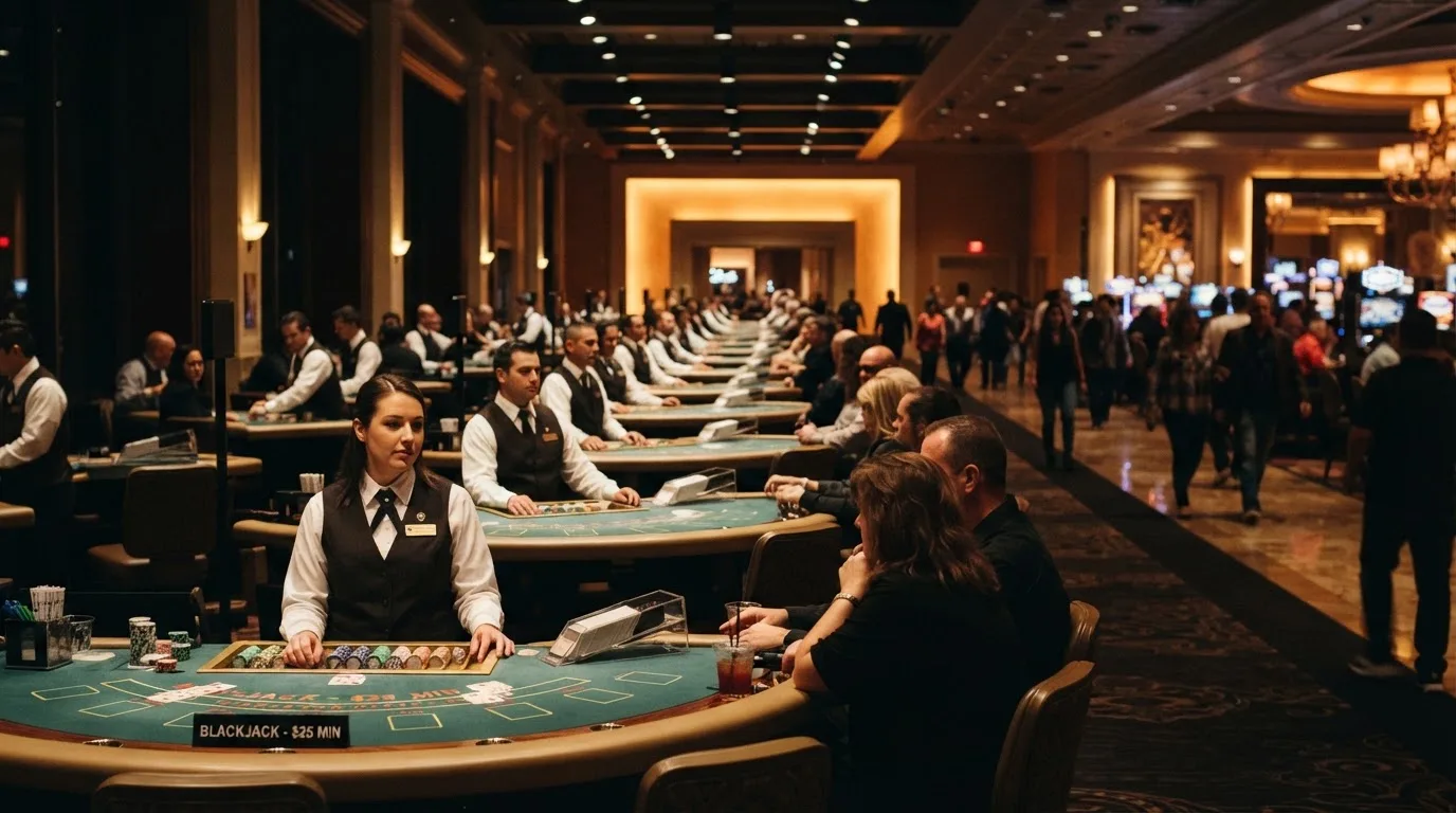 Nekoliko stolova za blackjack poredanih u nizu u dvorani, svaki sa zasebnim krupijeom, snimljeno iz perspektive hodnika.