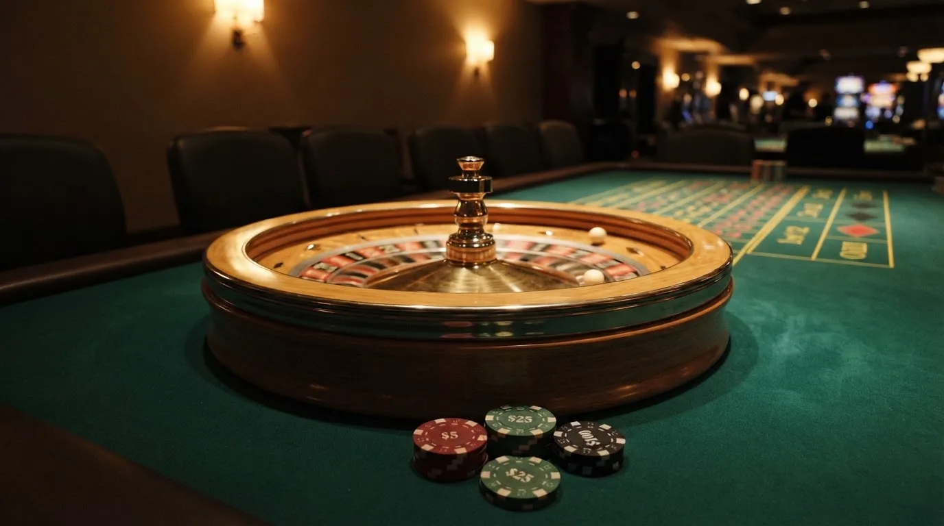 Kotač ruleta i žetoni na zelenom suknu pod toplim večernjim svjetlom — ethereum casino u hrvatskoj