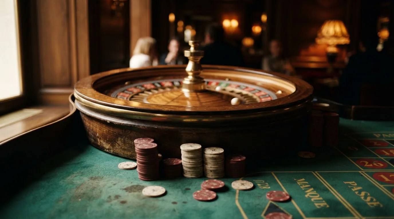 Kotač ruleta i žetoni na zelenom suknu pod toplim večernjim svjetlom — kombinacije za rulet