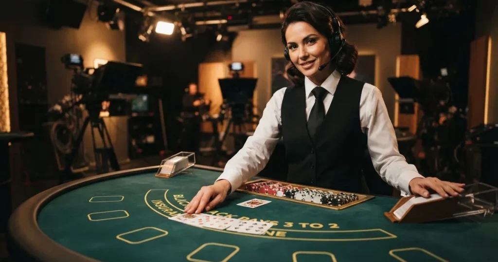 Krupije u elegantnoj uniformi dijeli karte za stolom blackjacka u studiju, snimljeno s boka pod toplim reflektorima.