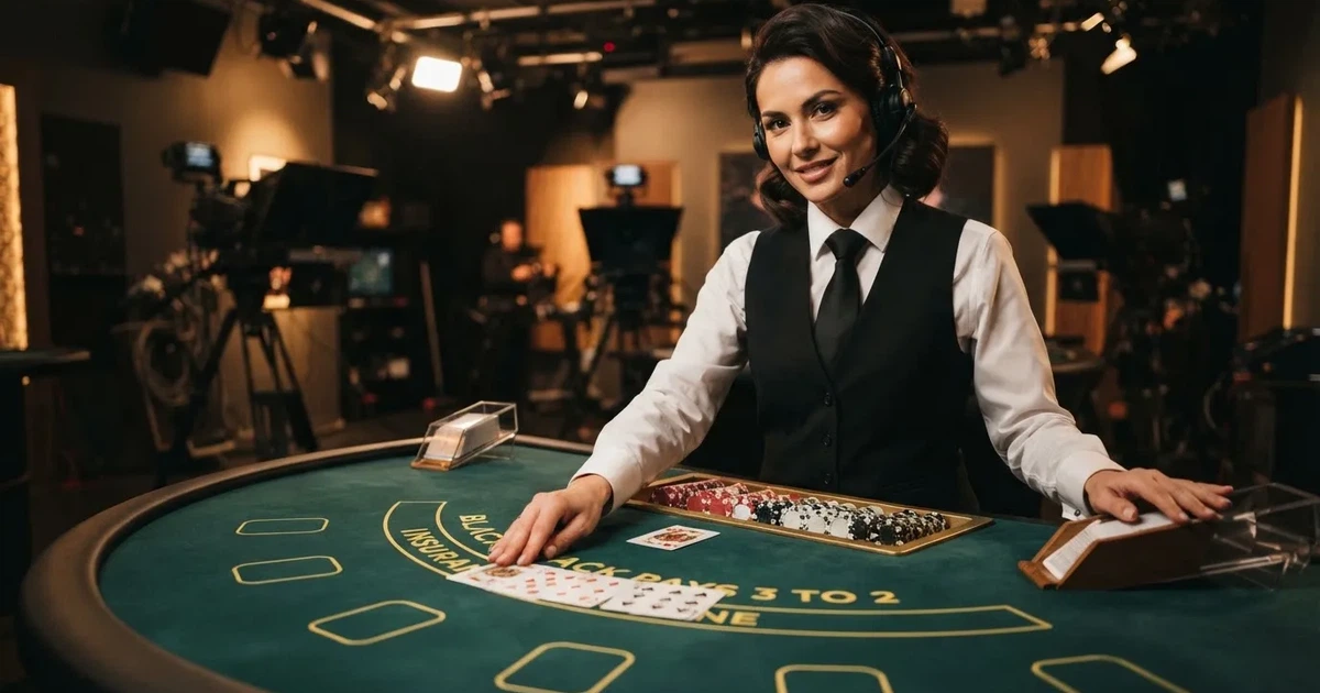 Krupije u elegantnoj uniformi dijeli karte za stolom blackjacka u studiju, snimljeno s boka pod toplim reflektorima.