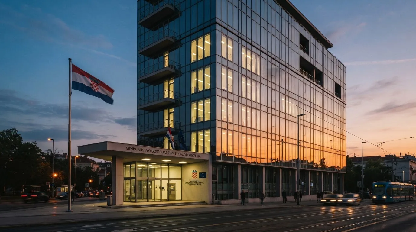 Fasada moderne državne zgrade u Zagrebu s ravnim staklenim pročeljem i hrvatskom zastavom, snimljena u sumrak.