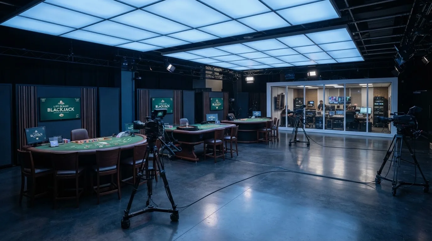 Prostrani televizijski studio za igre uživo s nekoliko praznih stolova, kamerama na postoljima i mekim plavim osvjetljenjem.