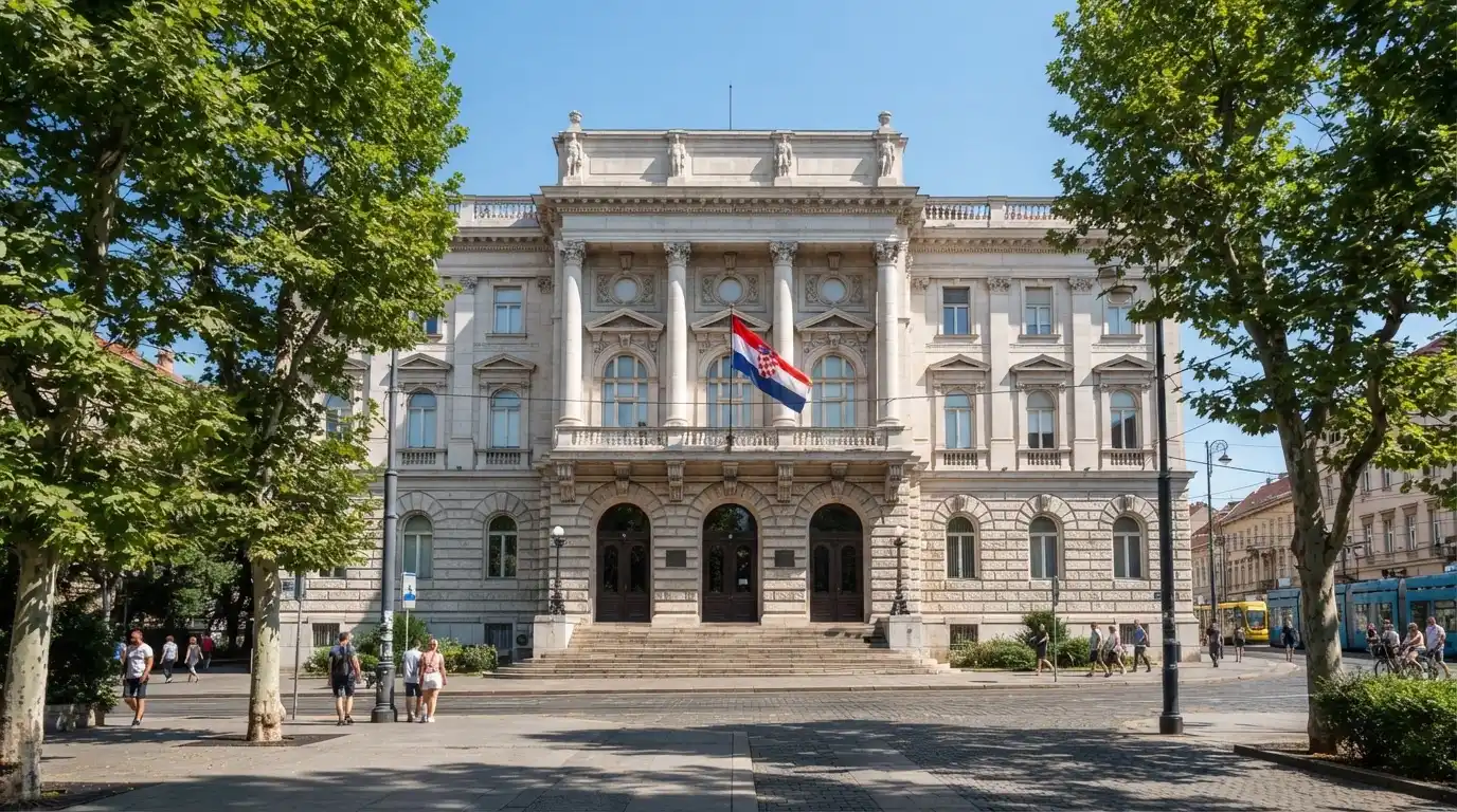 Svijetla državna zgrada u središtu Zagreba s hrvatskom zastavom na pročelju, snimljena danju pod vedrim nebom.